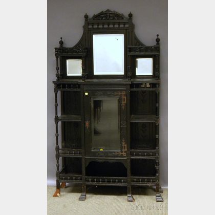 Victorian Eastlake-type Ebonized Carved and Turned Wood Mirrored Etagere