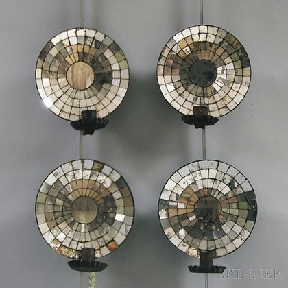 Two Pairs of Round, Mirrored Tin Wall Sconces