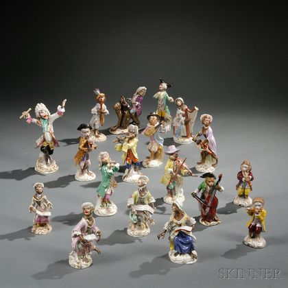 Fourteen Assembled Meissen Porcelain Monkey Band Figures