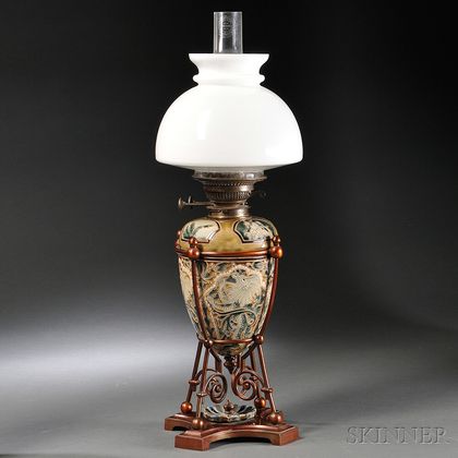 Doulton Lambeth Mark V. Marshall Decorated Stoneware Oil Lamp