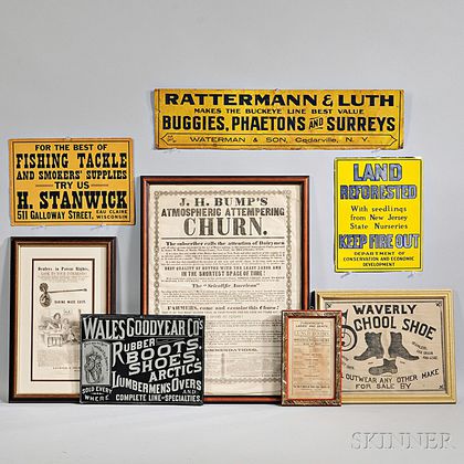 Eight Tin, Paper, and Cloth Advertising Items