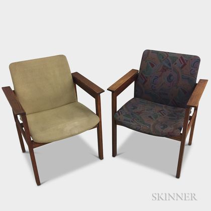 Two Jens Risom Design Mid-century Modern Upholstered Oak Chairs