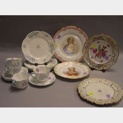 Two Meissen and Bavarian Handpainted Porcelain Plates, Two Sevres Portrait Plates, and a Twelve-Piece Shelley Blue Rock Pattern Porce 