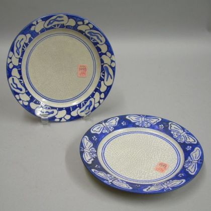 Dedham Pottery Snowtree Pattern Plate and a Moth and Flower Pattern Plate