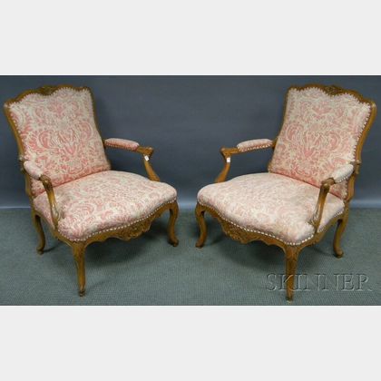 Pair of Louis XV-style Batik-style Pattern Upholstered Carved Walnut Fauteuil. 