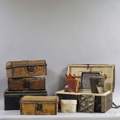 Five Leather Boxes and Miscellaneous Domestic Items