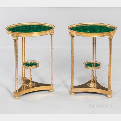 Pair of Neoclassical-style Gilt-metal and Malachite Two-tier Tables