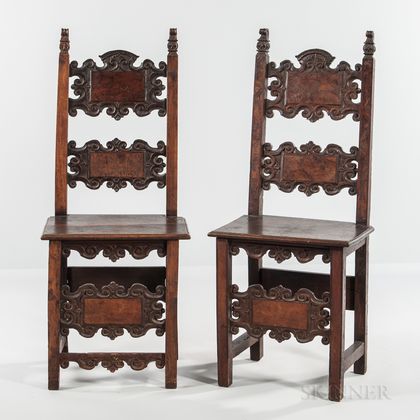 Near Pair of Renaissance Revival Walnut and Burlwood-veneered Side Chairs