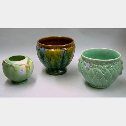 McCoy Pottery Jardiniere, Roseville Pinecone Vase, and a Majolica Glazed Jardiniere. 