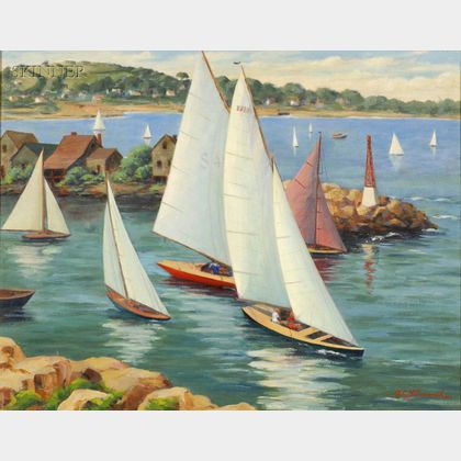 A.C. Hummel (American, 20th Century) Sailboats Along the Coast/ Rockport, Massachusetts, with a Distant View of Pigeon Cove