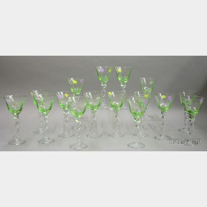 Set of Sixteen Green Glass Goblets with Colorless Twisted Stems