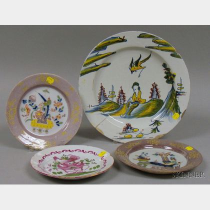 Three English Delftware Plates and a Continental Tin Glazed Rooster Decorated Plate