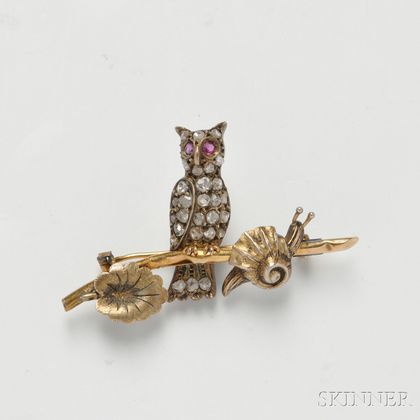 14kt Gold, Diamond, and Ruby Owl Brooch