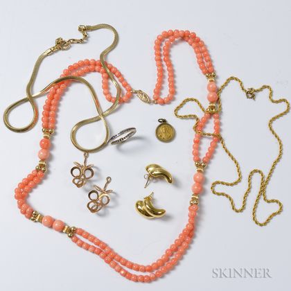 Group of 14kt Gold Jewelry and a Coral Multi-strand Necklace