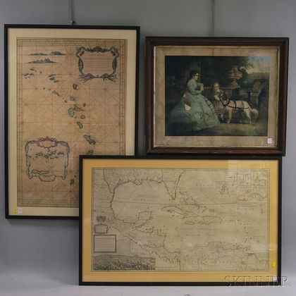 Two Framed Reproduction Maps and a Framed Victorian Print