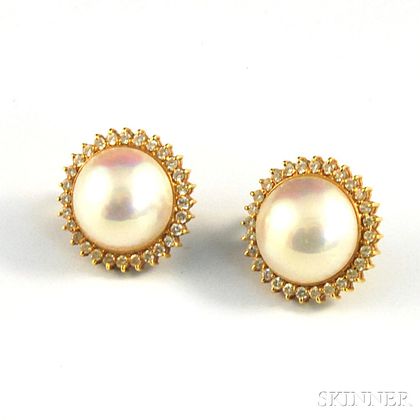 Pair of 18kt Yellow Gold, Mabe Pearl, and Diamond Earrings