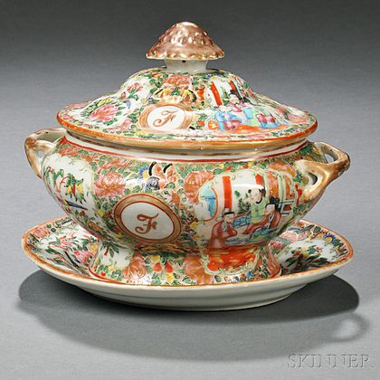 Chinese Export Porcelain Rose Medallion Sauce Tureen and Undertray