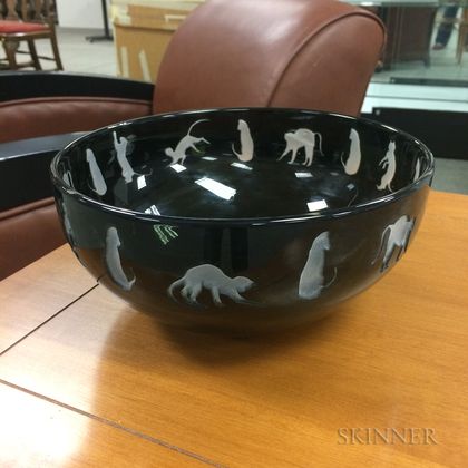 Black Cut-to-clear Art Glass Cat Bowl