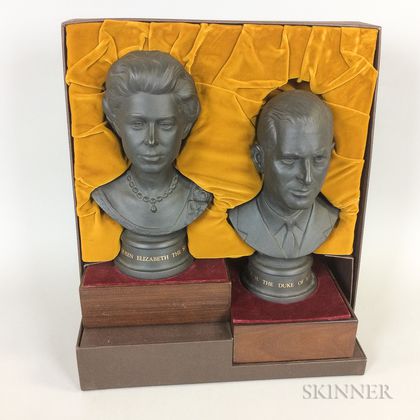 Pair of Cased Royal Doulton Commemorative Ceramic Busts of Queen Elizabeth II and The Duke of Edinburgh