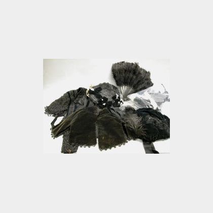 Two Victorian Ladys Hats, a Black Feather Fan, Two Jet Beaded Shoulder Collars and Pieces of Lace, Trim and Beading. 