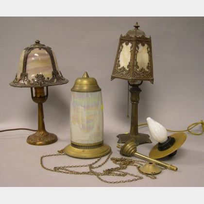 Two Cast Metal and Slag Glass Boudoir Table Lamps and a Turkish-style Brass and Opalescent Glass Hanging Lamp. 