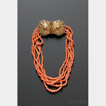 Vintage Walter Lampl Coral Bead, Gilt-metal Scallop Shell, and Turquoise Costume Choker