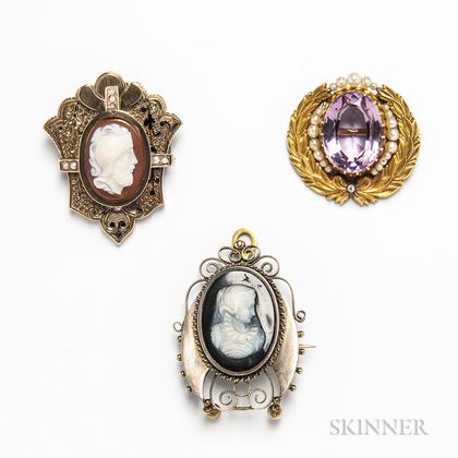 14kt Gold and Amethyst Brooch and Two Low-karat Gold Cameo Brooches