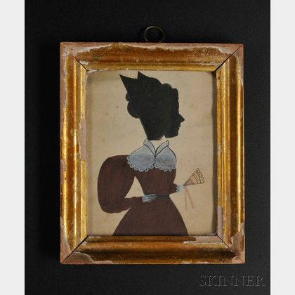 Puffy Sleeve Artist (New England, ac. 1830-31) Silhouette Portrait of Henrietta Wakefield Wearing a Red Gown and Holding a Fan.