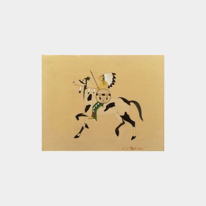 Julian Martinez (San Ildefonso, 1897-1943) Watercolor on Tan Paper depicting a Warrior on Horseback