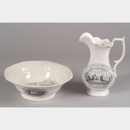 Transfer Decorated "Boston Mails" Pitcher and Basin Washstand Set