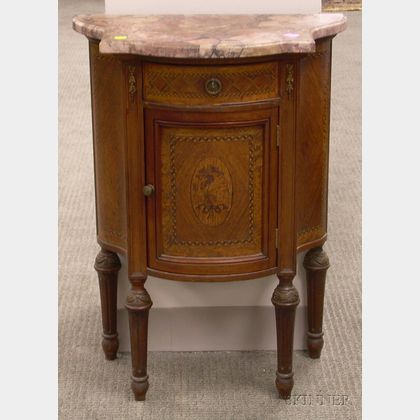 Diminutive Louis XVI Style Marble-top Inlaid Mahogany and Burl Veneer Swell-front Side Cabinet. 