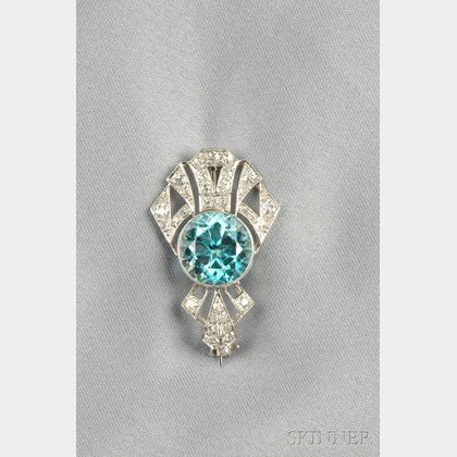Art Deco Platinum, Blue Zircon, and Diamond Brooch