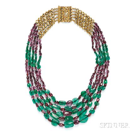 Emerald and Purple Spinel Bead Necklace