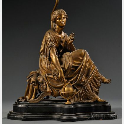 After Pierre-Eugene-Emile Hebert (1828-1893),Classical-style Bronze Figure of a Woman Seated and Pointing at a Globe