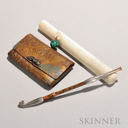 Kiseru Tobacco Pipe, Case, and Pouch, Japan, 19th century, bamboo pipe with silver and copper fittings, with a carved bone kiseruzutsu 