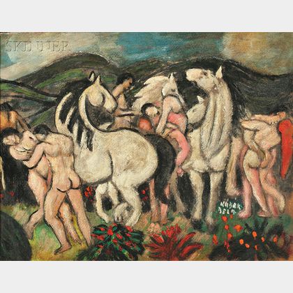 Attributed to Béla Kádár (Hungarian, 1877-1955) Nudes and Horses in a Landscape