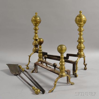 Two Pairs of Brass Andirons, a Pair of Tongs, and a Shovel. Estimate $100-200