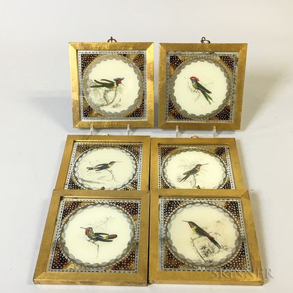 Set of Six Framed Reverse-painted Pictures of Birds