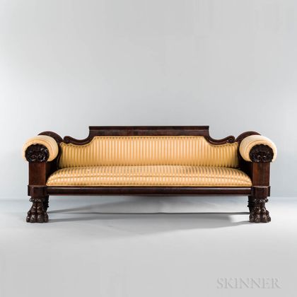 Upholstered Carved Mahogany and Mahogany Veneer Sofa