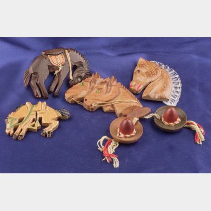 Four Painted Wood Carved Horse Brooches