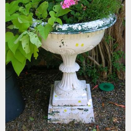 White Painted Cast Iron Grapevine Decorated Garden Urn with Pedestal Base