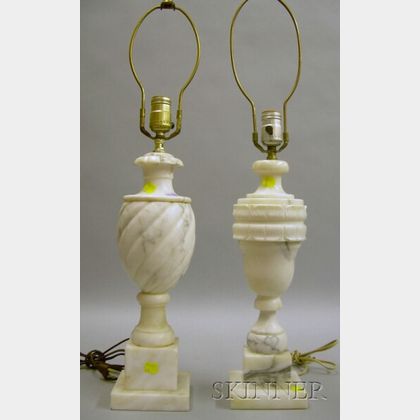 Two Carved Italian Cararra Marble Urn-form Table Lamps