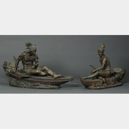 Duchoiselle (French, 19th Century) Lot of Two Sculptures: Indian Maiden in a Canoe