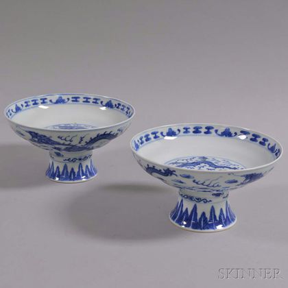 Pair of Blue and White Porcelain Compotes