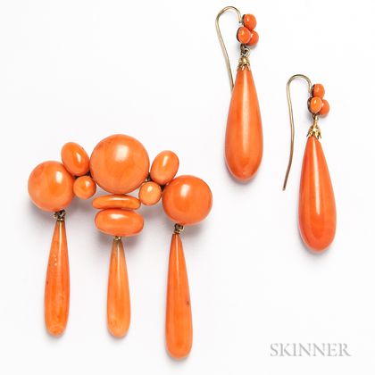 14kt Gold and Coral Brooch and Pair of Coral Earpendants