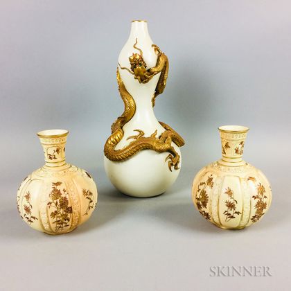 Pair of Royal Worcester Vases and a Large Dragon-decorated Vase