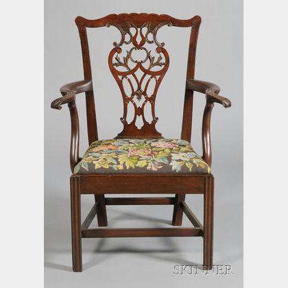 George III Style Carved Mahogany and Needlepoint Upholstered Open Armchair