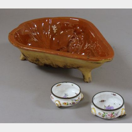 French Glazed Yellow Ware Mold and a Pair of Continental Enameled Footed Salts. Estimate $200-350