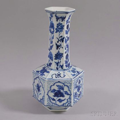Hexagonal Blue and White Porcelain Bottle Vase