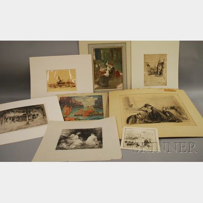Lot of Eight Unframed Prints: Hayley Lever (American 1875-1958),Harbor Scene